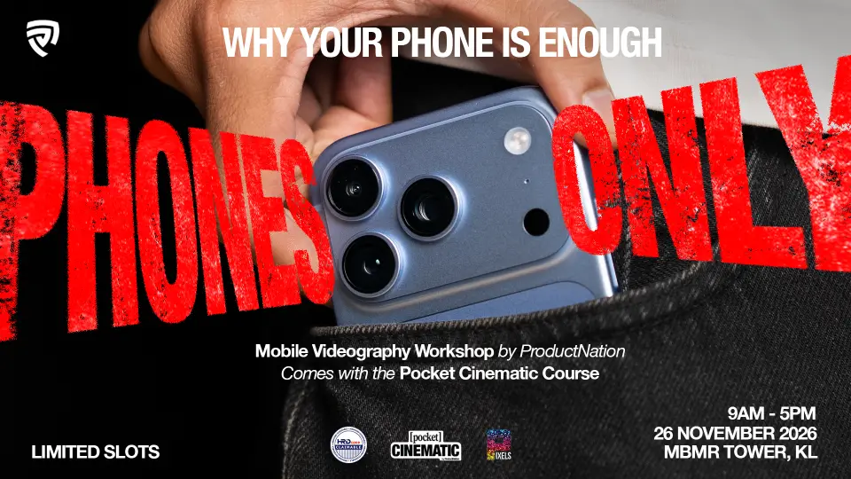 Poster bengkel: Telefon sahaja. Bengkel Videografi Mudah Alih oleh ProductNation, 26 November 2026, Menara MBMR, KL.